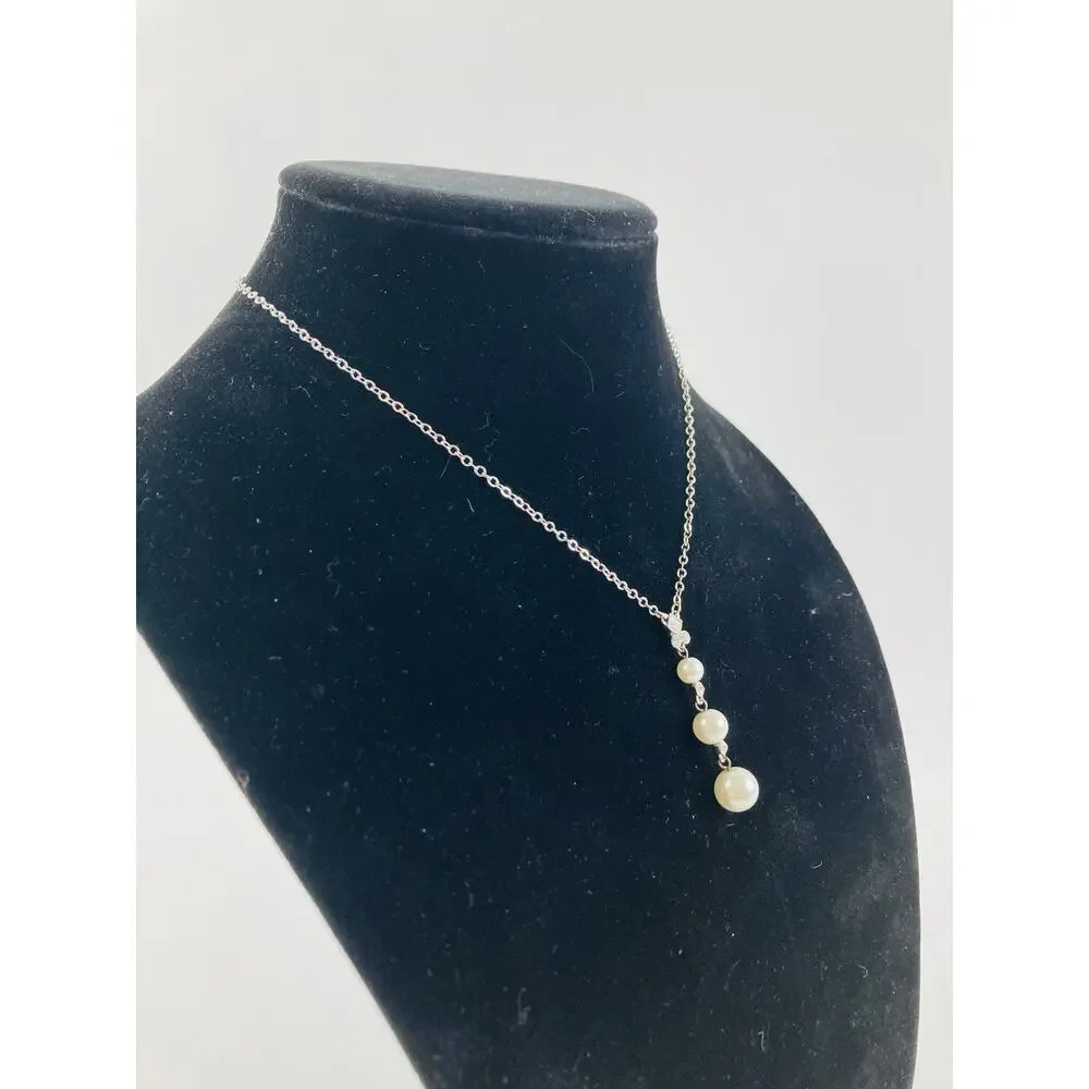 GIVENCHY Logo Pearl Silver Tone Pendant Drop Necklace Rhinestones Diamond Shape